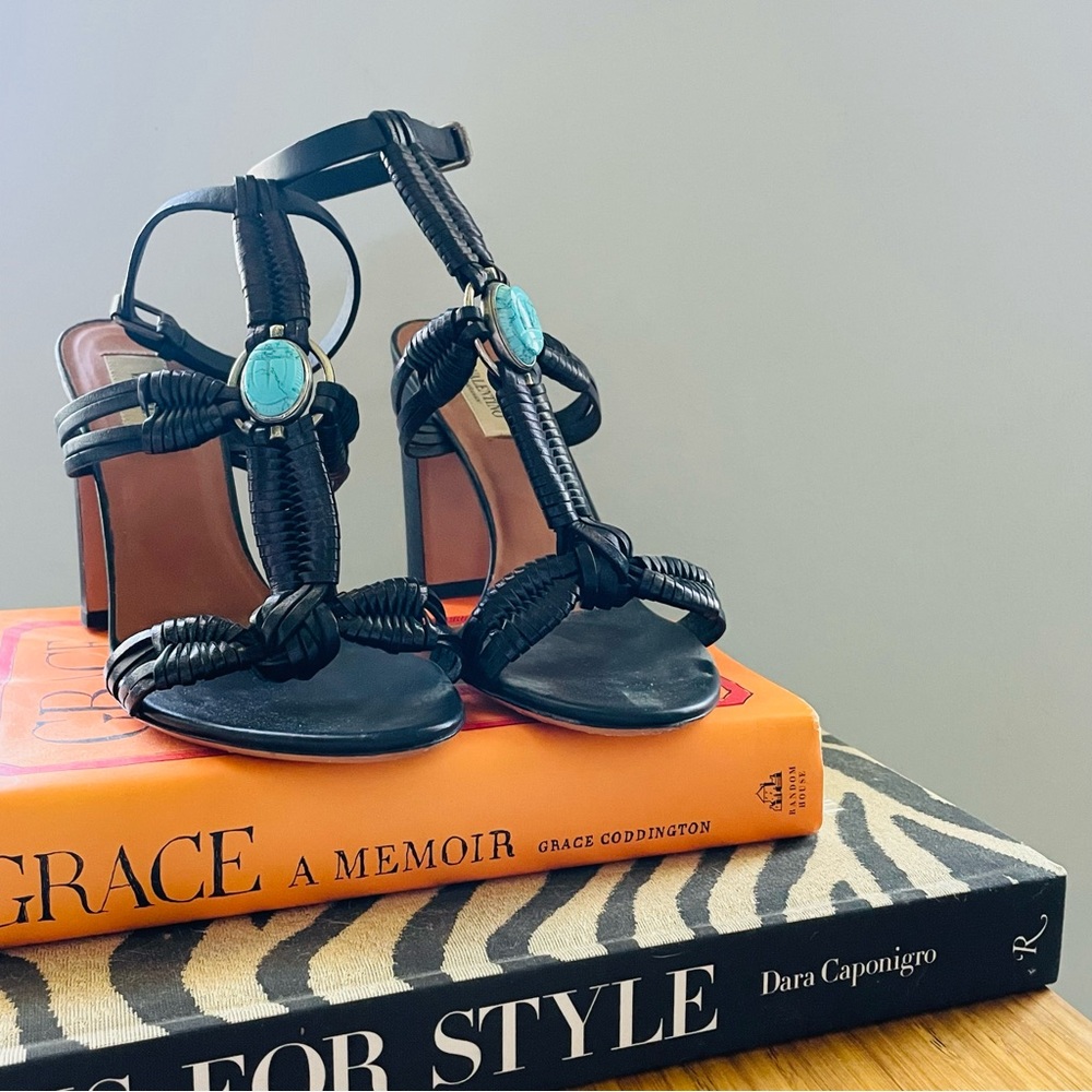 VALENTINO GARAVANI Calfskin Turquoise Braided Scarab Sandals 371/2 in Black.